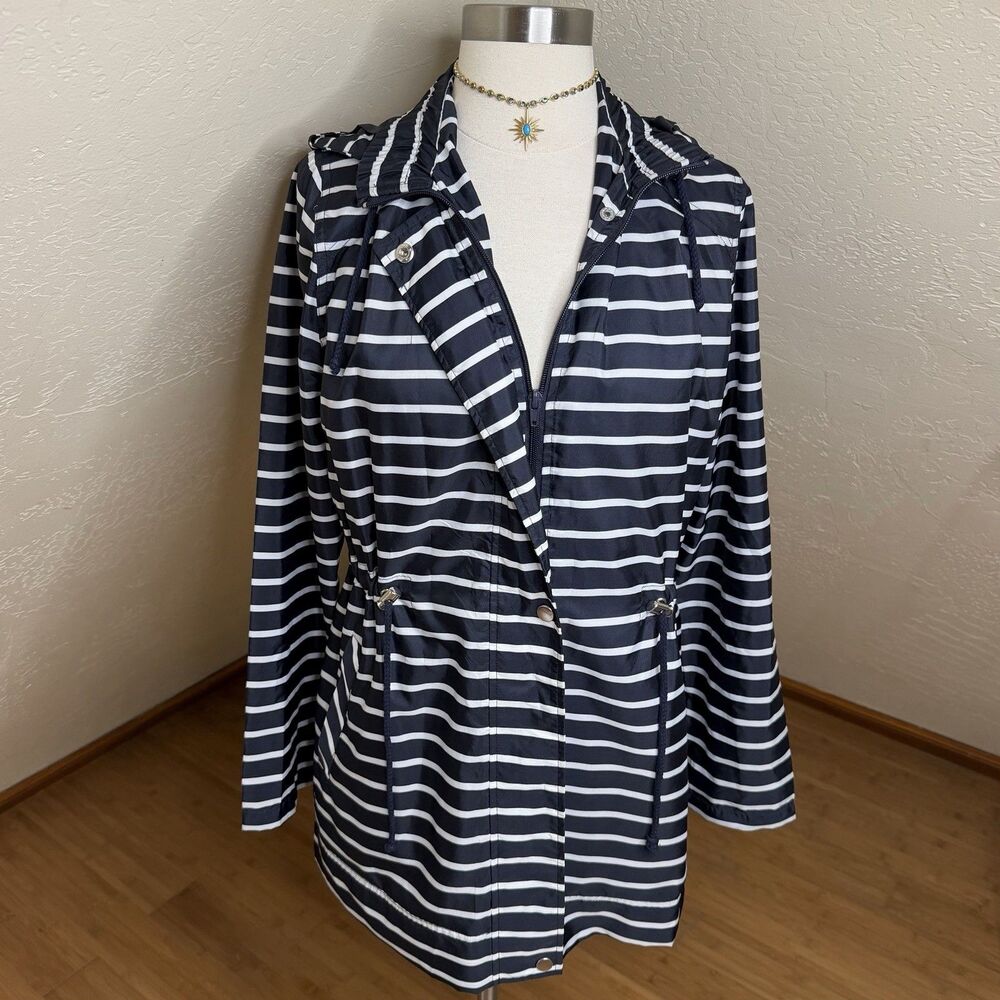Rd Style Navy Blue White Striped Rain Jacket Womens M Hooded Cinch Waist